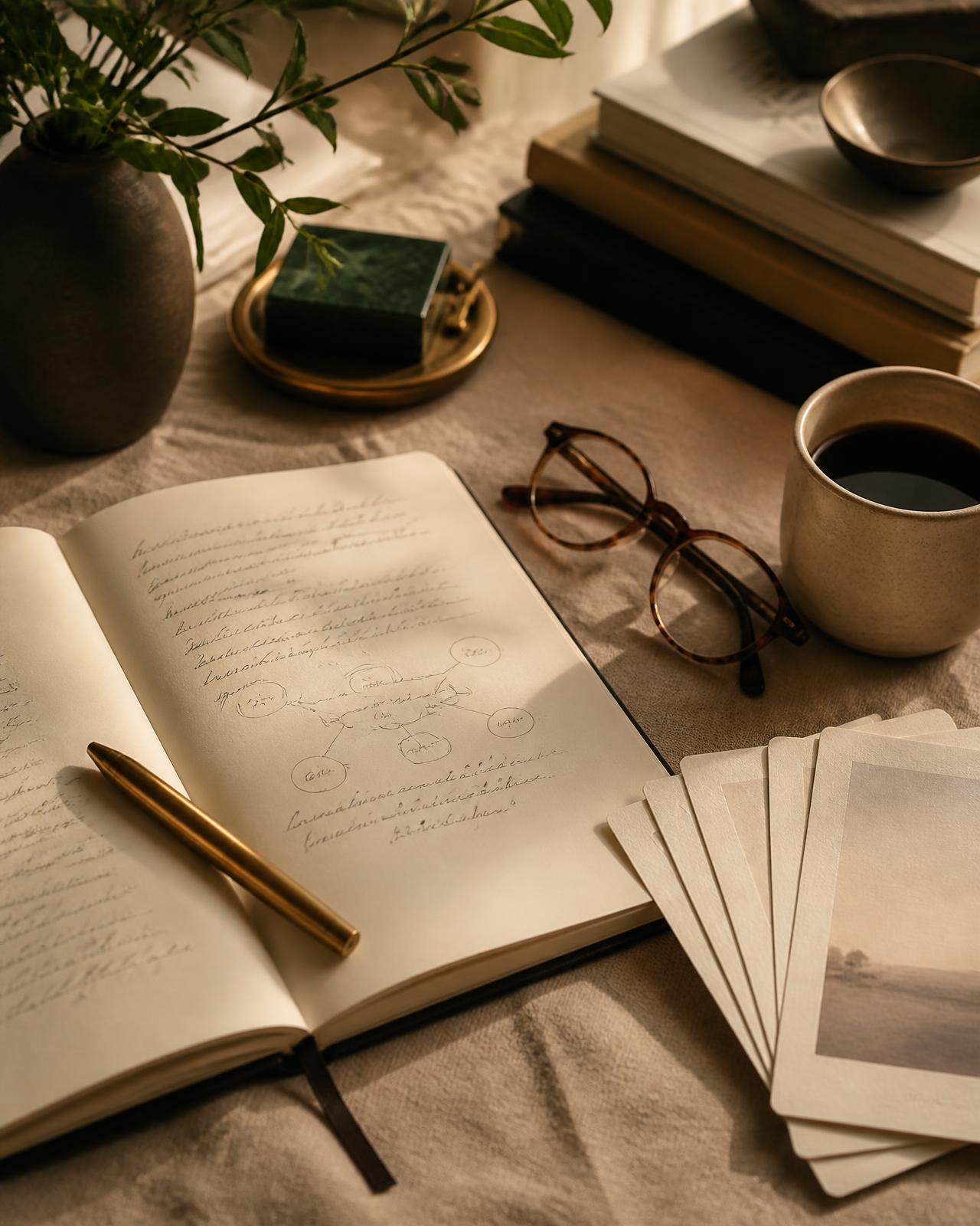 An open notebook with a hand-drawn connection diagram, brass pen and coffee in warm afternoon light