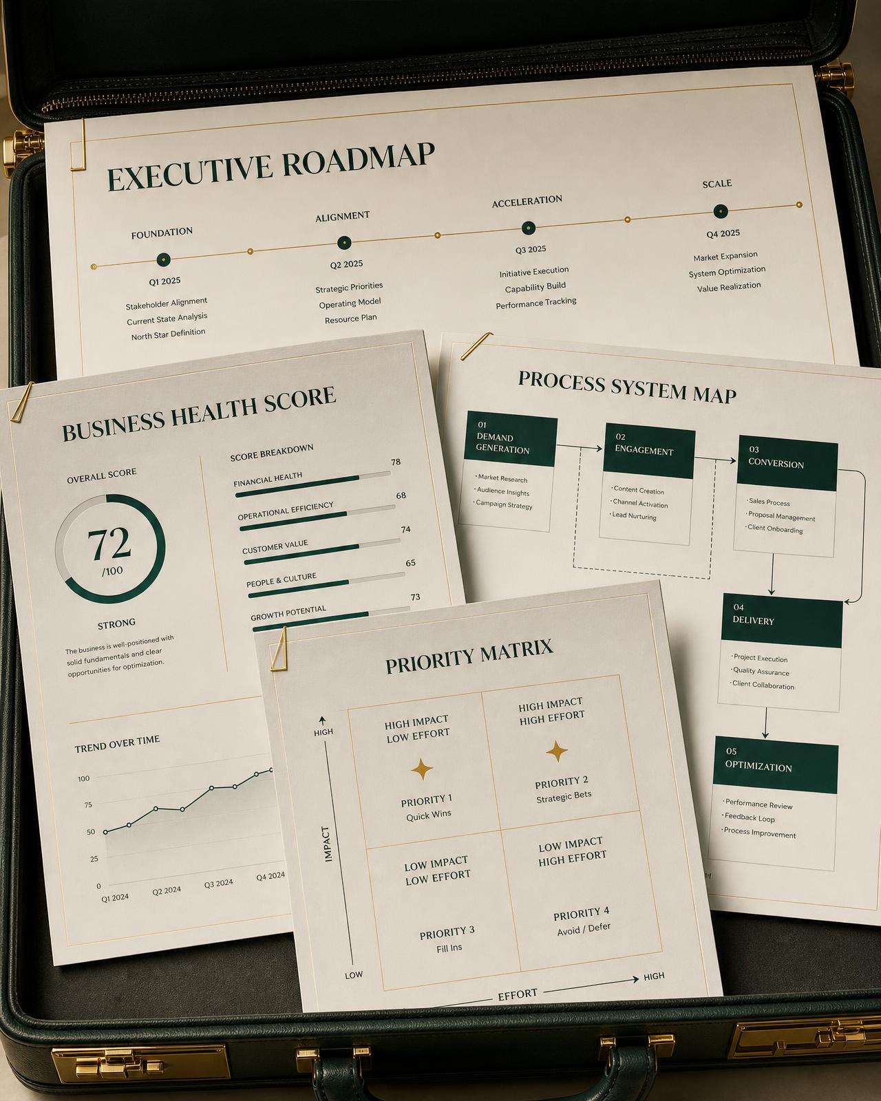 Hamilton Executive Roadmap, Business Health Score, Priority Matrix and Process System Map layered inside a briefcase